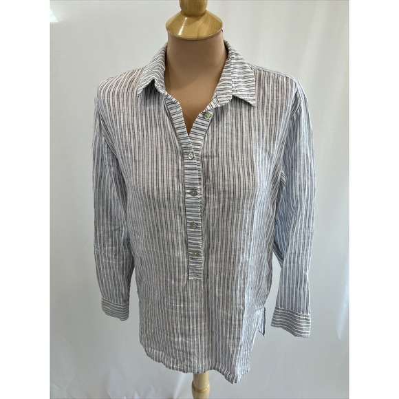Roots Tops - Roots Canada Womens Linen Popover Size XS Blue & White Striped Top Beach Coastal